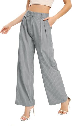 بنطال FUNYYZO نسائي واسع الساق بخصر عالي المرونة في الخلف، بنطلون عمل طويل مستقيم، 006# رمادي/أبيض (رفيع) in Kuwait