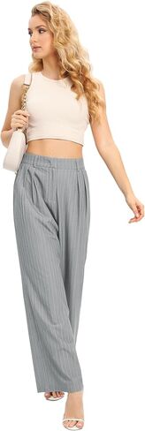 بنطال FUNYYZO نسائي واسع الساق بخصر عالي المرونة في الخلف، بنطلون عمل طويل مستقيم، 006# رمادي/أبيض (رفيع) in Kuwait