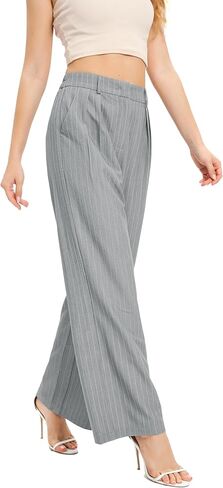 بنطال FUNYYZO نسائي واسع الساق بخصر عالي المرونة في الخلف، بنطلون عمل طويل مستقيم، 006# رمادي/أبيض (رفيع) in Kuwait