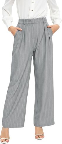 بنطال FUNYYZO نسائي واسع الساق بخصر عالي المرونة في الخلف، بنطلون عمل طويل مستقيم، 006# رمادي/أبيض (رفيع) in Kuwait