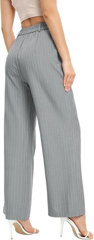 بنطال FUNYYZO نسائي واسع الساق بخصر عالي المرونة في الخلف، بنطلون عمل طويل مستقيم، 006# رمادي/أبيض (رفيع) in Kuwait