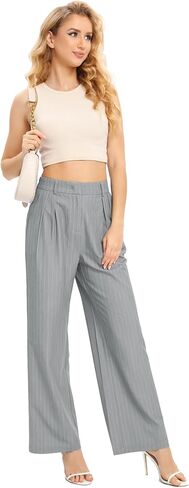 بنطال FUNYYZO نسائي واسع الساق بخصر عالي المرونة في الخلف، بنطلون عمل طويل مستقيم، 006# رمادي/أبيض (رفيع) in Kuwait