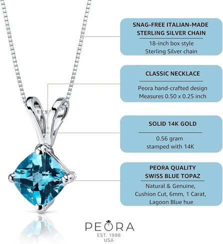 PEORA Swiss Blue Topaz Pendant for Women 14K White Gold, Genuine Gemstone Birthstone Classic Solitaire, Cushion Cut, 6mm, 1 Carat in Saudi Arabia