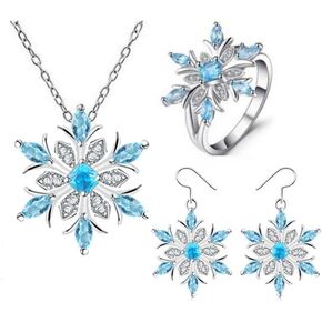 Romantic Blue Rhinestone Snowflake Necklace Earrings Set for Women Winter Crystal Snowflake Flower Necklace Jewelry Christmas Holiday Gift
