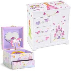 صندوق المجوهرات الموسيقية Jewelkeeper Unicorn مع 3 أدراج قابلة للسحب، حزمة تصميم قلعة الأميرة الجنية مع صندوق مجوهرات موسيقي مع يونيكورن دوار 4.25 × 4.75 × 3.5 بوصة تصميم نجوم قوس قزح لامعة in Kuwait