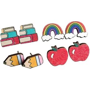 4 Pairs Teacher Earrings for Women Girls Wooden Book Rainbow Pencil Apple Stud Earrings Back to School Jewelry Teacher Appreciation Gifts