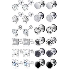 Ofeiyaa 12 Pairs Stainless Steel Stud Earrings Cubic Zirconia Cartilage Barbell Earring Set for Men Women Black Silver Tone 8mm in Kuwait