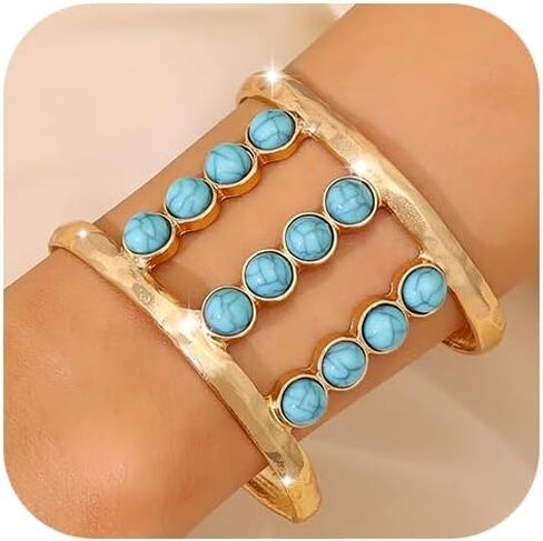 Sakytal Boho الكفة الإسورة أساور الذهب الفيروز واسعة مفتوحة الكفة سوار مكتنزة العرقية المعصم الكفة سوار للنساء (1 قطعة) in Kuwait