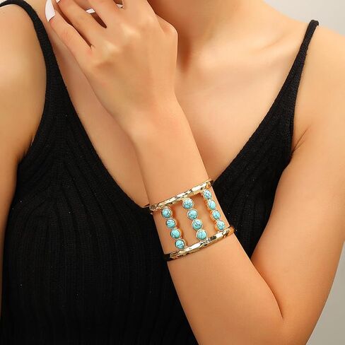 Sakytal Boho الكفة الإسورة أساور الذهب الفيروز واسعة مفتوحة الكفة سوار مكتنزة العرقية المعصم الكفة سوار للنساء (1 قطعة) in Kuwait
