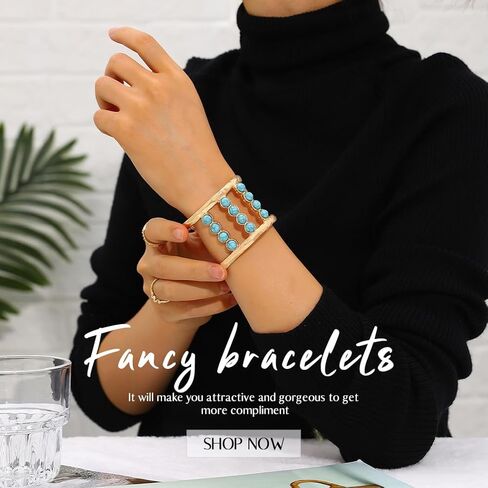 Sakytal Boho الكفة الإسورة أساور الذهب الفيروز واسعة مفتوحة الكفة سوار مكتنزة العرقية المعصم الكفة سوار للنساء (1 قطعة) in Kuwait