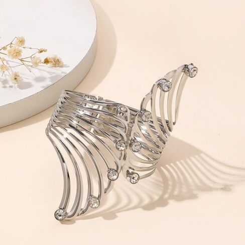 TKHLT Feather Bangle Silver Color Wings Punk Exaggerated Opening Bangles Bracelets Cuff Hinged Wide Bracelet Jewelry Gift for Women Girls, no gemstone in Kuwait