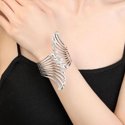 TKHLT Feather Bangle Silver Color Wings Punk Exaggerated Opening Bangles Bracelets Cuff Hinged Wide Bracelet Jewelry Gift for Women Girls, no gemstone in Kuwait