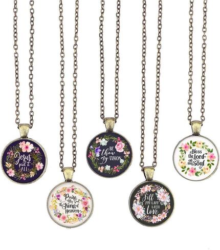 Buenavo الكتاب المقدس الآية قلادة قلادة الأغاني المسيحية والتراتيل الزجاج كابوشون قلادة مستوحاة قلادة مع سلسلة 24 بوصة اليدوية للهدايا 5 قطع in Kuwait