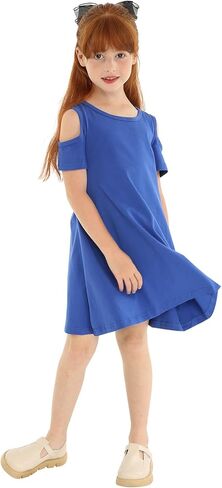 LittleSpring Girls Cold Shoulder Short Sleeve Summer Swing Dress in Kuwait