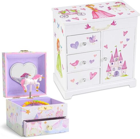 صندوق المجوهرات الموسيقية Jewelkeeper Unicorn مع 3 أدراج قابلة للسحب، حزمة تصميم قلعة الأميرة الجنية مع صندوق مجوهرات موسيقي مع يونيكورن دوار 4.25 × 4.75 × 3.5 بوصة تصميم نجوم قوس قزح لامعة in Kuwait
