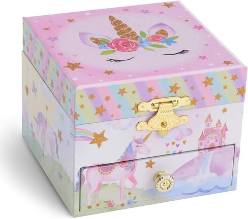 صندوق المجوهرات الموسيقية Jewelkeeper Unicorn مع 3 أدراج قابلة للسحب، حزمة تصميم قلعة الأميرة الجنية مع صندوق مجوهرات موسيقي مع يونيكورن دوار 4.25 × 4.75 × 3.5 بوصة تصميم نجوم قوس قزح لامعة in Kuwait