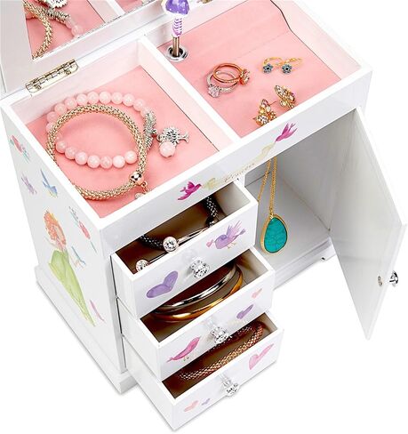 صندوق المجوهرات الموسيقية Jewelkeeper Unicorn مع 3 أدراج قابلة للسحب، حزمة تصميم قلعة الأميرة الجنية مع صندوق مجوهرات موسيقي مع يونيكورن دوار 4.25 × 4.75 × 3.5 بوصة تصميم نجوم قوس قزح لامعة in Kuwait