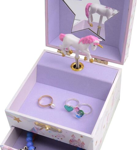 صندوق المجوهرات الموسيقية Jewelkeeper Unicorn مع 3 أدراج قابلة للسحب، حزمة تصميم قلعة الأميرة الجنية مع صندوق مجوهرات موسيقي مع يونيكورن دوار 4.25 × 4.75 × 3.5 بوصة تصميم نجوم قوس قزح لامعة in Kuwait