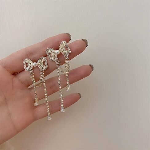 Rhinestones Bow Drop Dangle Earrings Silver Crystal Bowknot Tassels Statement Earrings Shiny Wedding Bar Party Earrings For Women Girls in Kuwait
