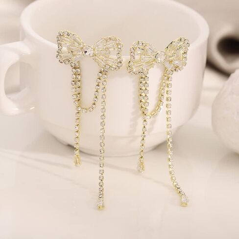 Rhinestones Bow Drop Dangle Earrings Silver Crystal Bowknot Tassels Statement Earrings Shiny Wedding Bar Party Earrings For Women Girls in Kuwait