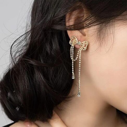 Rhinestones Bow Drop Dangle Earrings Silver Crystal Bowknot Tassels Statement Earrings Shiny Wedding Bar Party Earrings For Women Girls in Kuwait