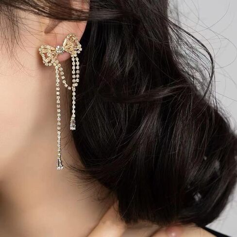 Rhinestones Bow Drop Dangle Earrings Silver Crystal Bowknot Tassels Statement Earrings Shiny Wedding Bar Party Earrings For Women Girls in Kuwait