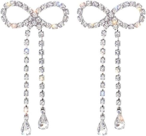أحجار الراين القوس قطرة استرخى أقراط فضية كريستال Bowknot الشرابة بيان أقراط لامعة الزفاف بار أقراط الحفلات للنساء الفتيات in Saudi Arabia