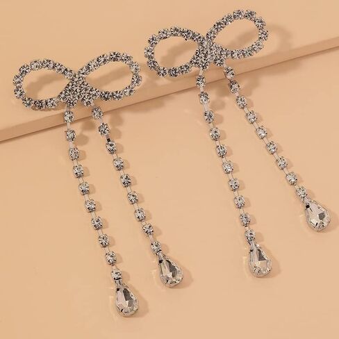 أحجار الراين القوس قطرة استرخى أقراط فضية كريستال Bowknot الشرابة بيان أقراط لامعة الزفاف بار أقراط الحفلات للنساء الفتيات in Saudi Arabia