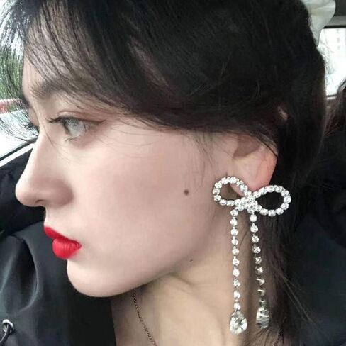 أحجار الراين القوس قطرة استرخى أقراط فضية كريستال Bowknot الشرابة بيان أقراط لامعة الزفاف بار أقراط الحفلات للنساء الفتيات in Saudi Arabia