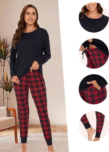 أطقم بيجامات نسائية من GYS ملابس نوم من الخيزران الفسكوزي بأكمام طويلة مع بنطلونات ناعمة مجموعة صالة Pjs ملابس نوم للسيدات in Kuwait