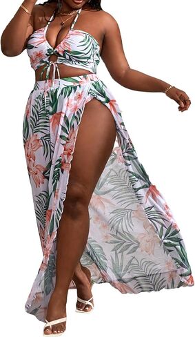 SOLY HUX المرأة حجم كبير 3 قطع ملابس السباحة الأزهار طباعة الرسن بيكيني مجموعات ثوب السباحة مع تنورة الشاطئ in Kuwait