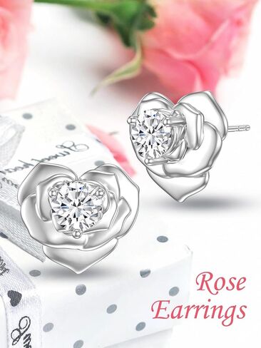 Earship Valentine's Day Gift Rose Stud Earrings 925 Sterling Silver Flower Earring with Cubic Zirconia for Women Girl Wife Girlfriend Love Jewelry Gifts for Birthday Anniversary in Kuwait