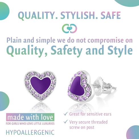 أقراط Chanteur للأطفال - 925 من الفضة الإسترلينية مع حلق خلفي آمن من الذهب الأبيض ومينا القلب مصنوع من عناصر سواروفسكي، للأطفال والرضع والفتيات والأطفال in Kuwait