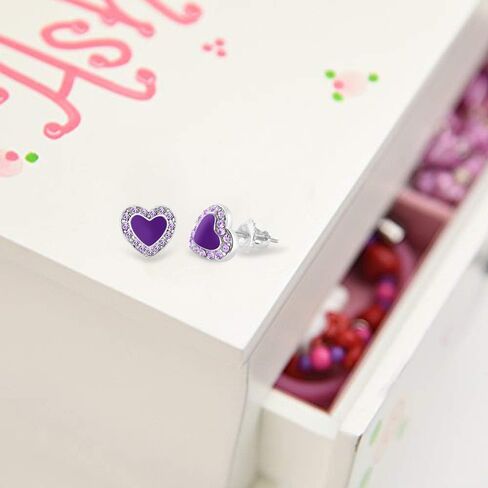 أقراط Chanteur للأطفال - 925 من الفضة الإسترلينية مع حلق خلفي آمن من الذهب الأبيض ومينا القلب مصنوع من عناصر سواروفسكي، للأطفال والرضع والفتيات والأطفال in Kuwait