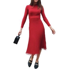 VERWIN Mid-Calf Pleated Dress Nine Points Sleeve Pullover Women's Maxi Dress Knit Dress Sweater Dress