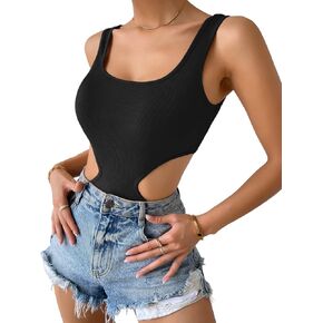 GORGLITTER Women's Cut Out Scoop Neck Tank Bodysuit Rib Knit Sleeveless Skinny Leotard Top in Saudi Arabia