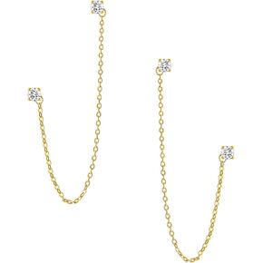 Gold Chain Earrings Double Piercing, 3mm Cubic Zirconia 2 Hole Earrings Hypoallergenic Jewelry Gift for Women Girls