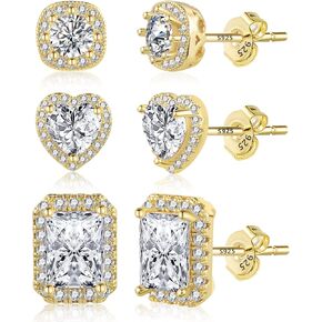 KISSPAT Gold Stud Earrings Set for Women 3 Pairs Large Heart & Halo & Squre Cubic Zirconia Stud Earrings with Sterling Silver Post