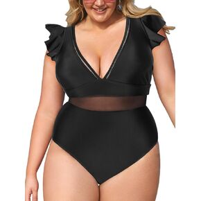 CUPSHE Women's One Piece Swimsuit Plus Size V Neck Ruffle Mesh Bathing Suit