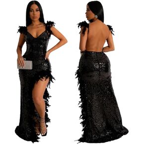 PURFUN Women Sexy Sequin Feather Dress Wrap V Neck Backless High Split Prom Maxi Dress Gown Cocktail Party Club Night Dresses