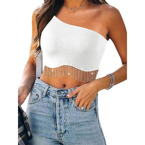 Vrtige Women's Rhinestone Fringe Trim One Shoulder Ribbed Knit Sleeveless Cropped Cami Tank Top