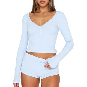 AKLOPVII Women 2 Piece Pajama Sets Long Sleeve Button Ribbed Knit Crop Tops and Shorts PJ Set Loungewear Sleepwear Y2K