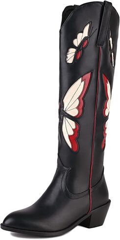 AMINUGAL Womens Embroidered Western Boots Butterfly Pointed Toe Pull On Chunky Heel Knee High Boots Fashion Cowgirl Boots For Women in Kuwait