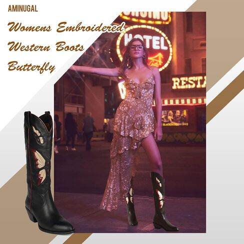 AMINUGAL Womens Embroidered Western Boots Butterfly Pointed Toe Pull On Chunky Heel Knee High Boots Fashion Cowgirl Boots For Women in Kuwait