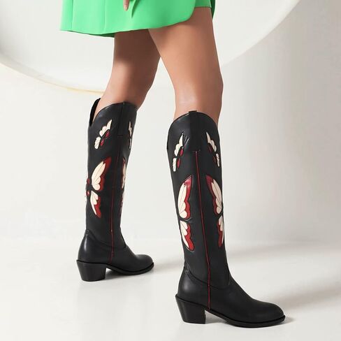 AMINUGAL Womens Embroidered Western Boots Butterfly Pointed Toe Pull On Chunky Heel Knee High Boots Fashion Cowgirl Boots For Women in Kuwait