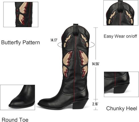 AMINUGAL Womens Embroidered Western Boots Butterfly Pointed Toe Pull On Chunky Heel Knee High Boots Fashion Cowgirl Boots For Women in Kuwait