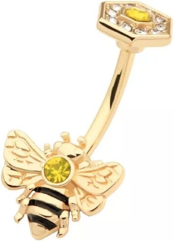 Pierced Owl 14GA Gold Tone 316L Stainless Steel Bee with Topaz CZ Crystals Belly Button Ring in Saudi Arabia