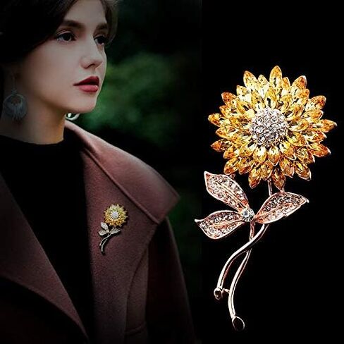 Yellow Flower Rhinestone Sunflower Brooch Enamel Crystal Plant Brooch Pin, Charm Sun Flower Coat Brooch for Women in Saudi Arabia