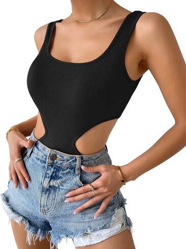 GORGLITTER Women's Cut Out Scoop Neck Tank Bodysuit Rib Knit Sleeveless Skinny Leotard Top in Saudi Arabia
