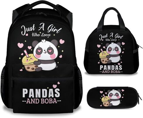 حقيبة ظهر CUNEXTTIME Panda مع صندوق غداء، مجموعة من 3 حقائب ظهر مدرسية متطابقة للفتيات والأولاد، حقيبة كتب سوداء لطيفة وحزمة مقلمة in Kuwait